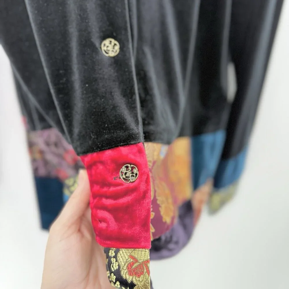 Notations‎ Black Velvet Patchwork Jacquard Bohemian Button Jacket L Art To Wear